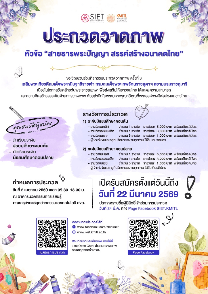 ประกวดวาดภาพ "สายธารพระปัญญาฯ" สจล. 2569 | ม.ต้น-ม.ปลาย ชิงเงินรางวัลรวม 26,000 บาท